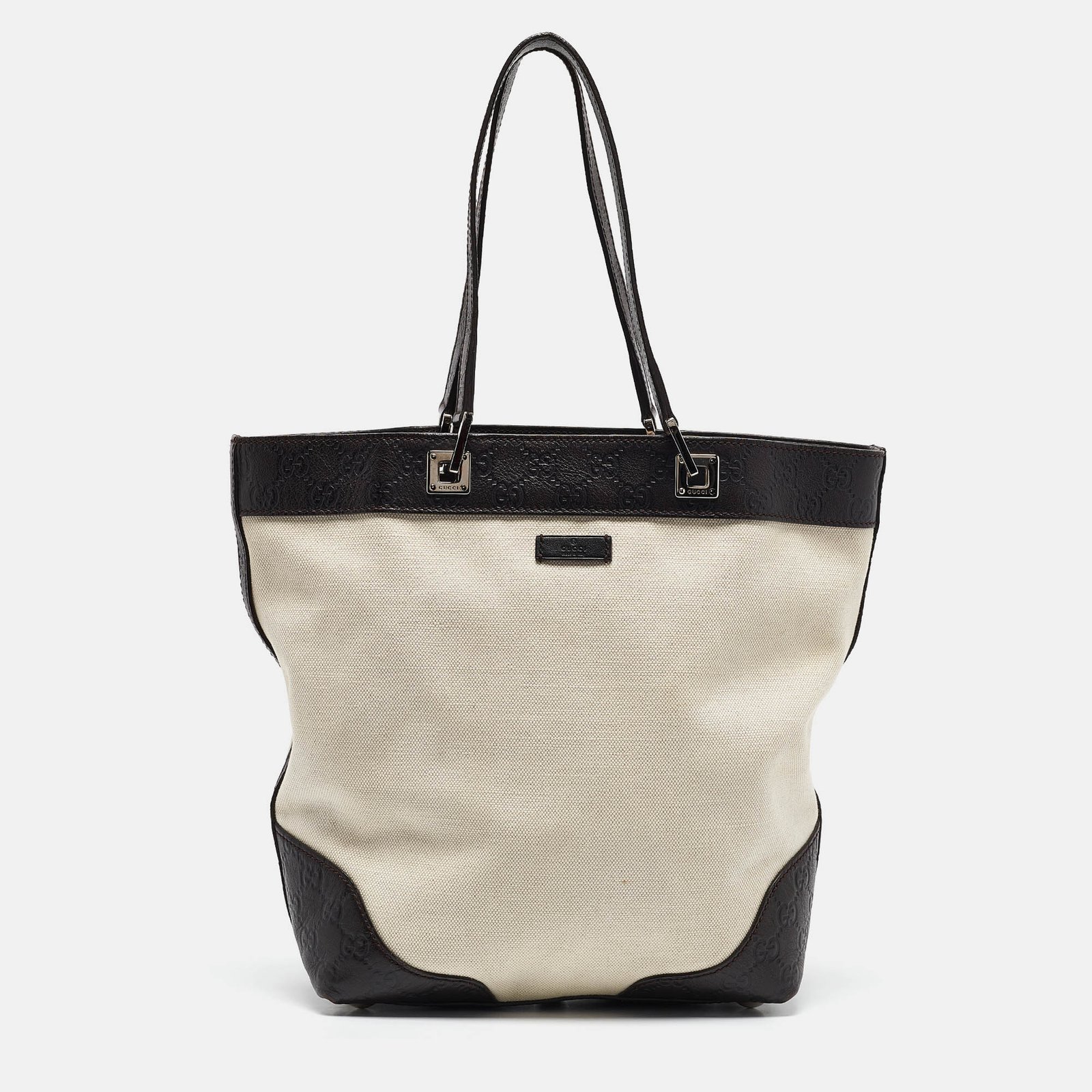 Gucci Dark Brown/White Canvas and Leather Tote