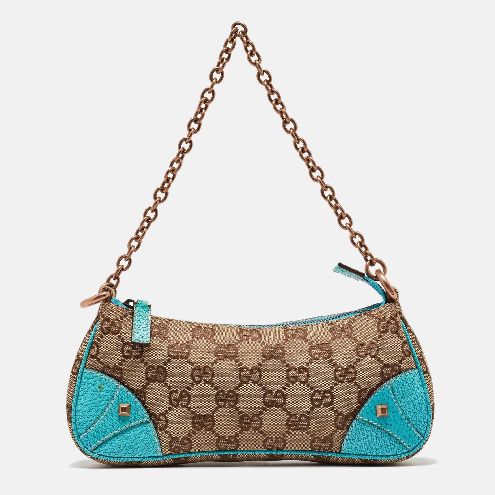 Gucci Beige/Blue GG Canvas and Leather Baguette Bag