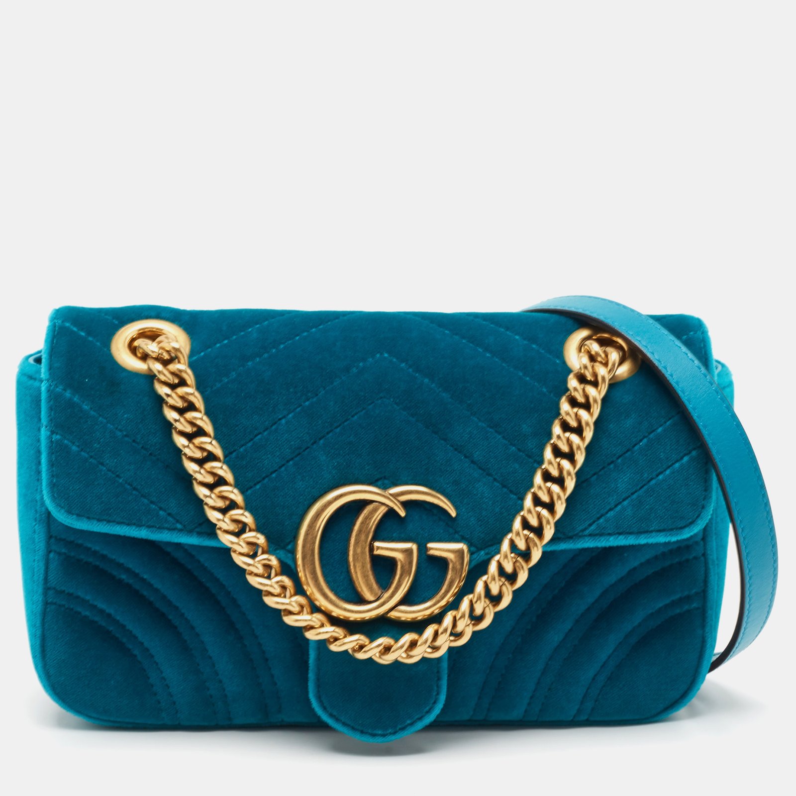 Gucci Green Matelassé Velvet Mini GG Marmont Shoulder Bag