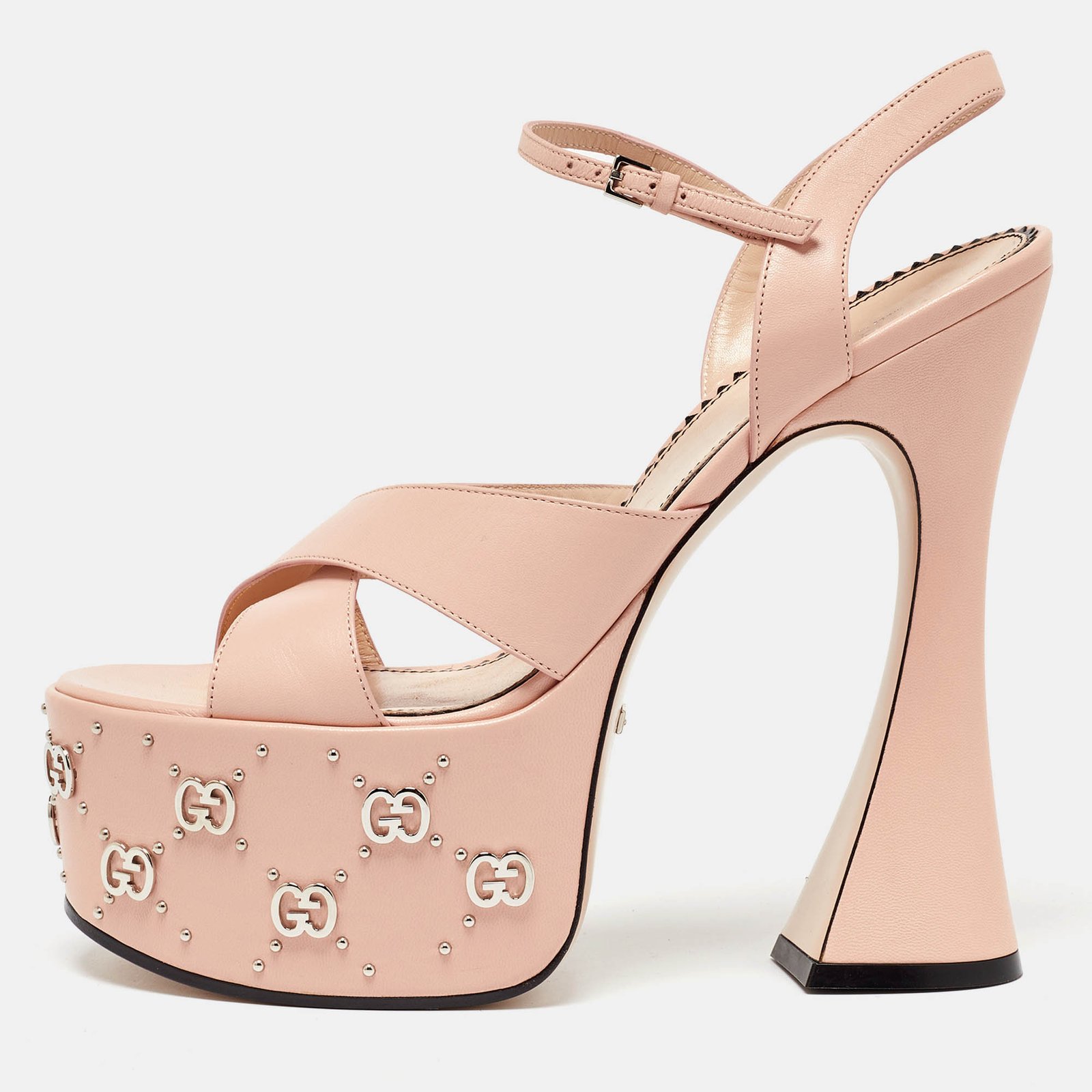 Gucci Pink Leather GG Stud Malaga Platform Sandals Size 39.5