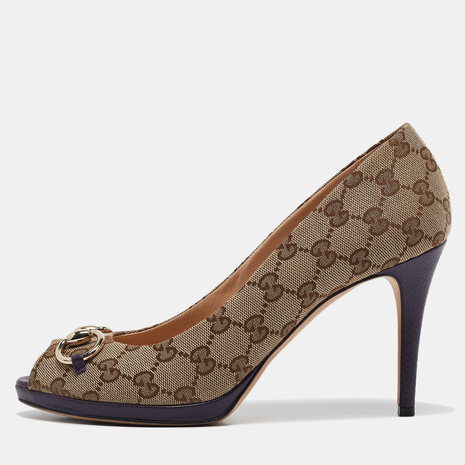 Gucci Beige Canvas Hollywood Peep Toe Pumps  Size 40.5