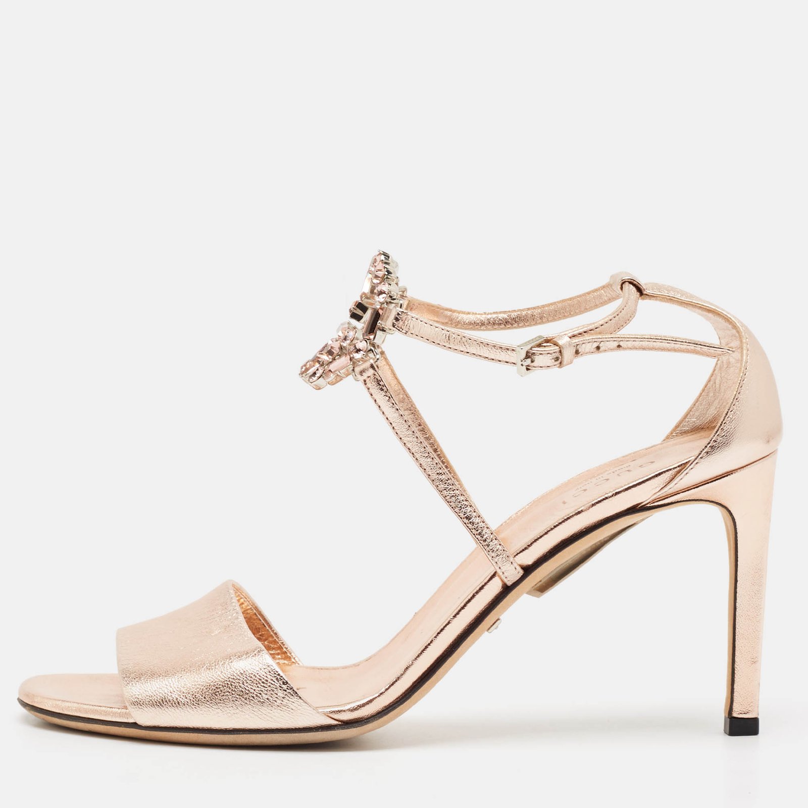 Gucci Metallic Rose Gold Leather Crystal Embellished GG Logo Ankle Strap Sandals Size 38