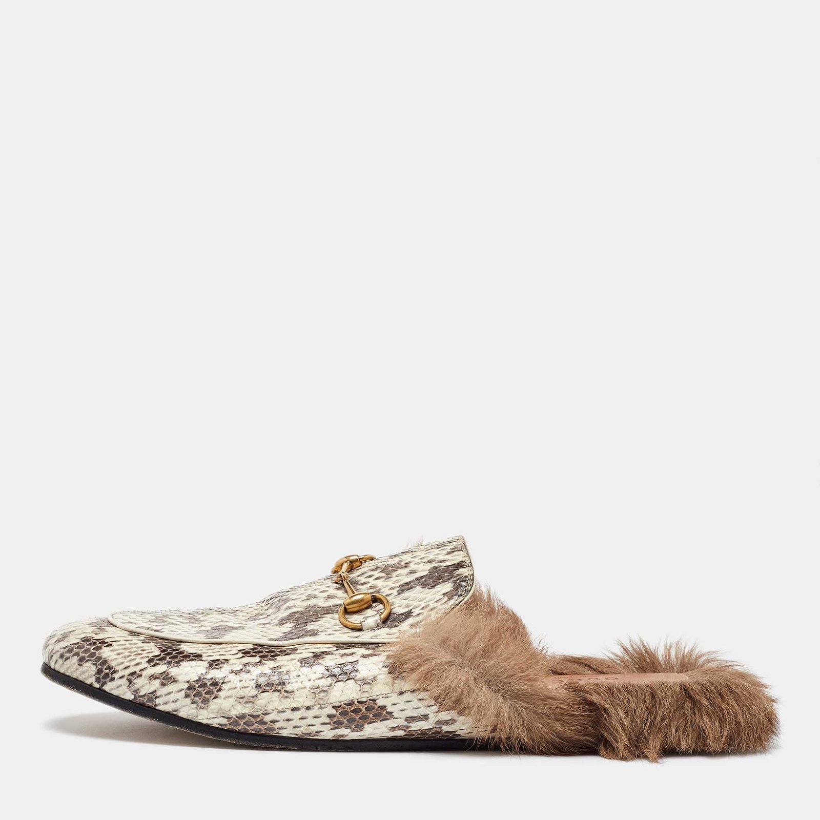 Gucci White/Grey Snakeskin Fur Horsebit Flat Mules Size 40