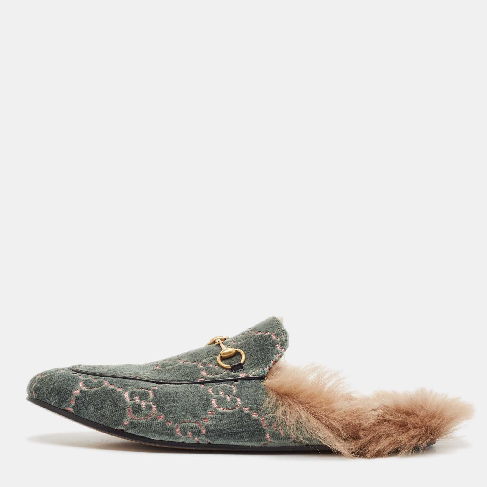 Gucci Green/Beige Fur and Velvet Princetown Mules Size 42