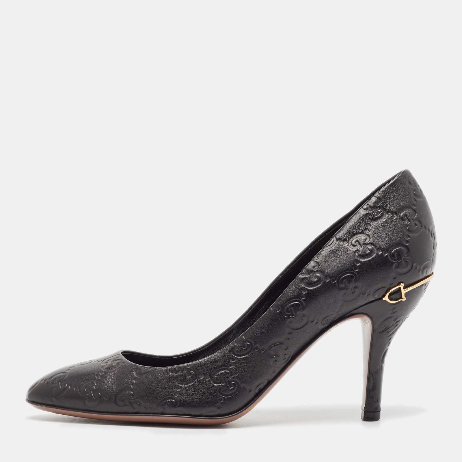 Gucci Black Guccissima Leather Horse-Bit Heel Round Toe Pumps Size 37.5