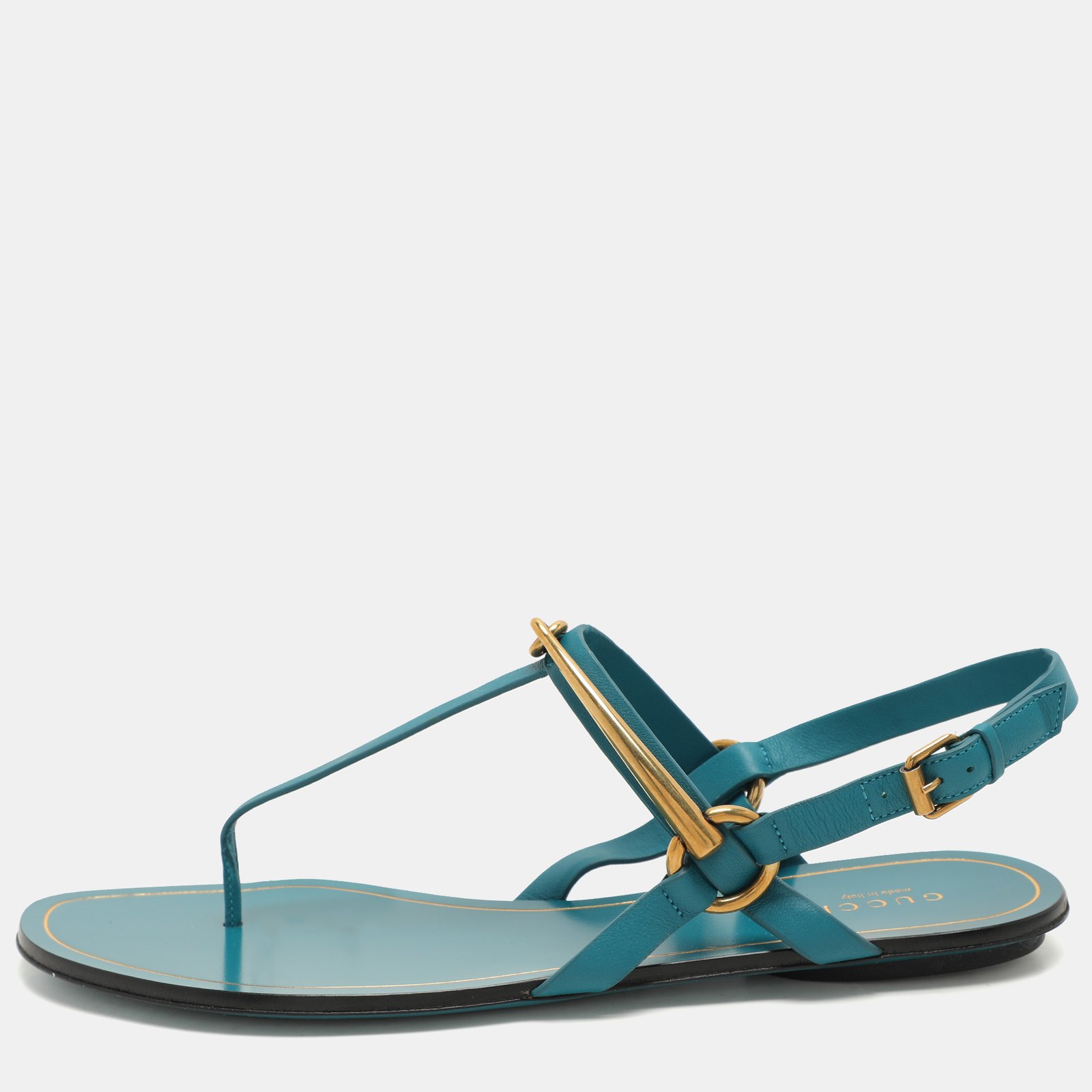 Gucci Deep Cobalt Leather Thong Ankle Strap Flat Sandals Size 40