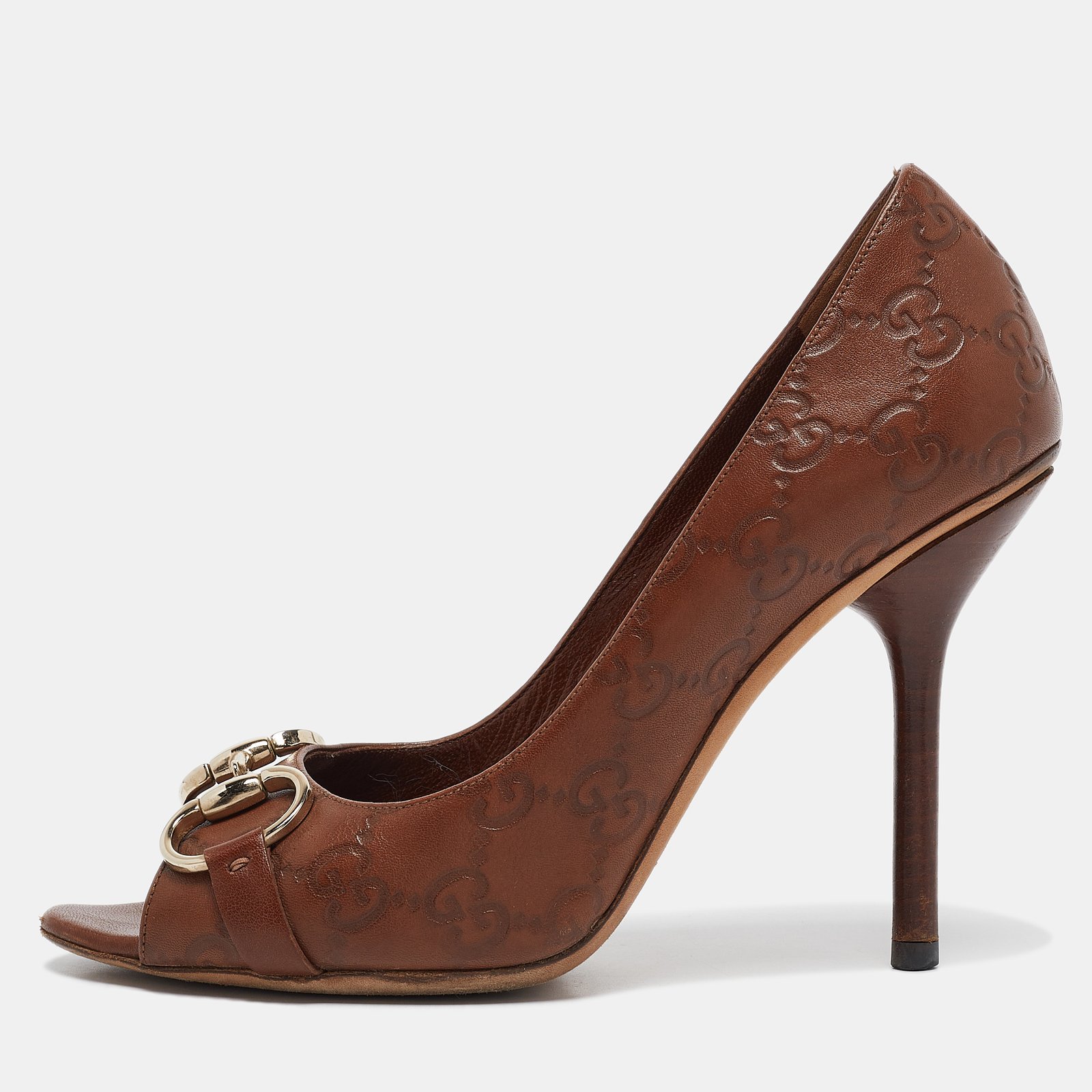 Gucci Brown Guccissima Leather Peep Toe Pumps Size 37