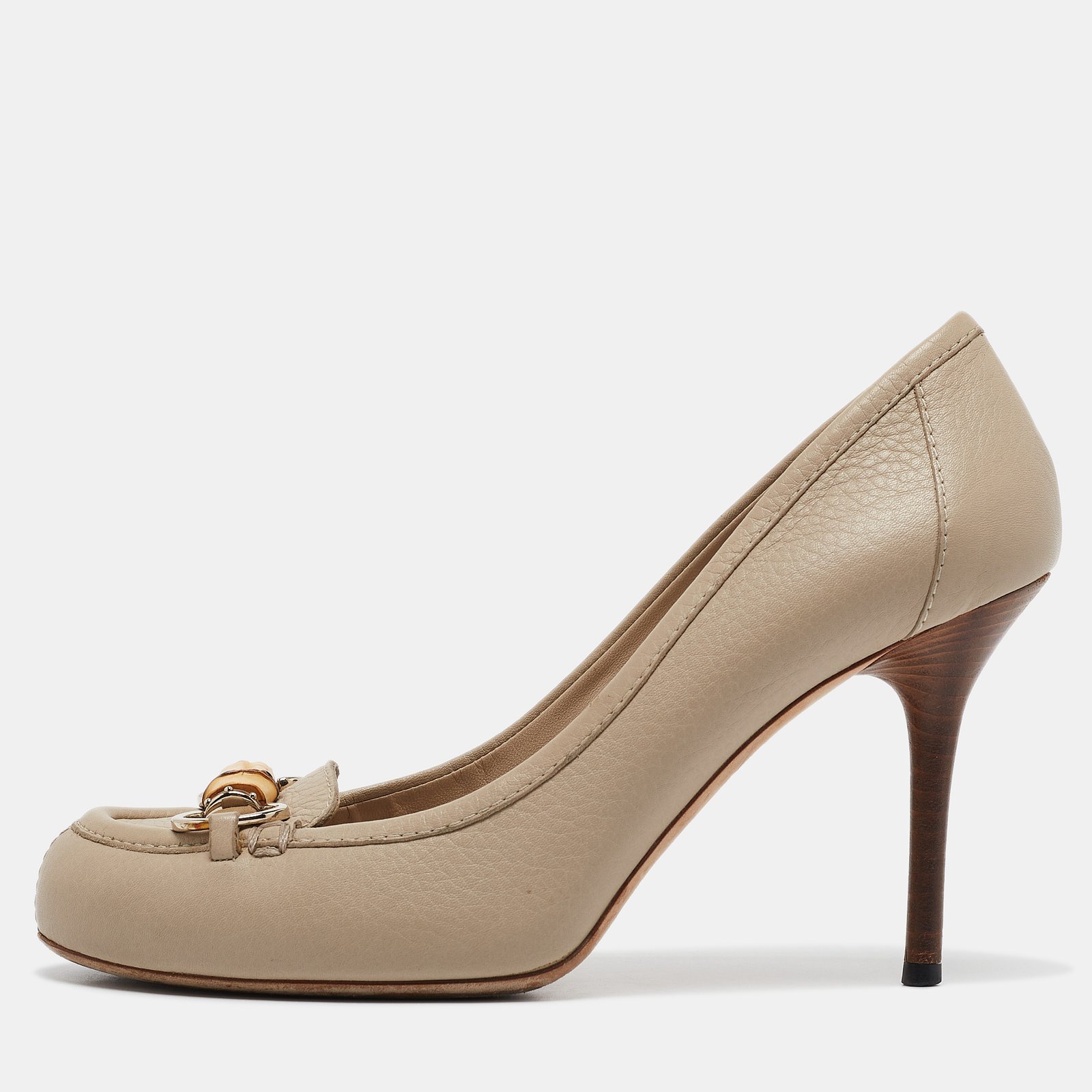 Gucci Grey Leather Bamboo Horsebit Loafer Pumps Size 38