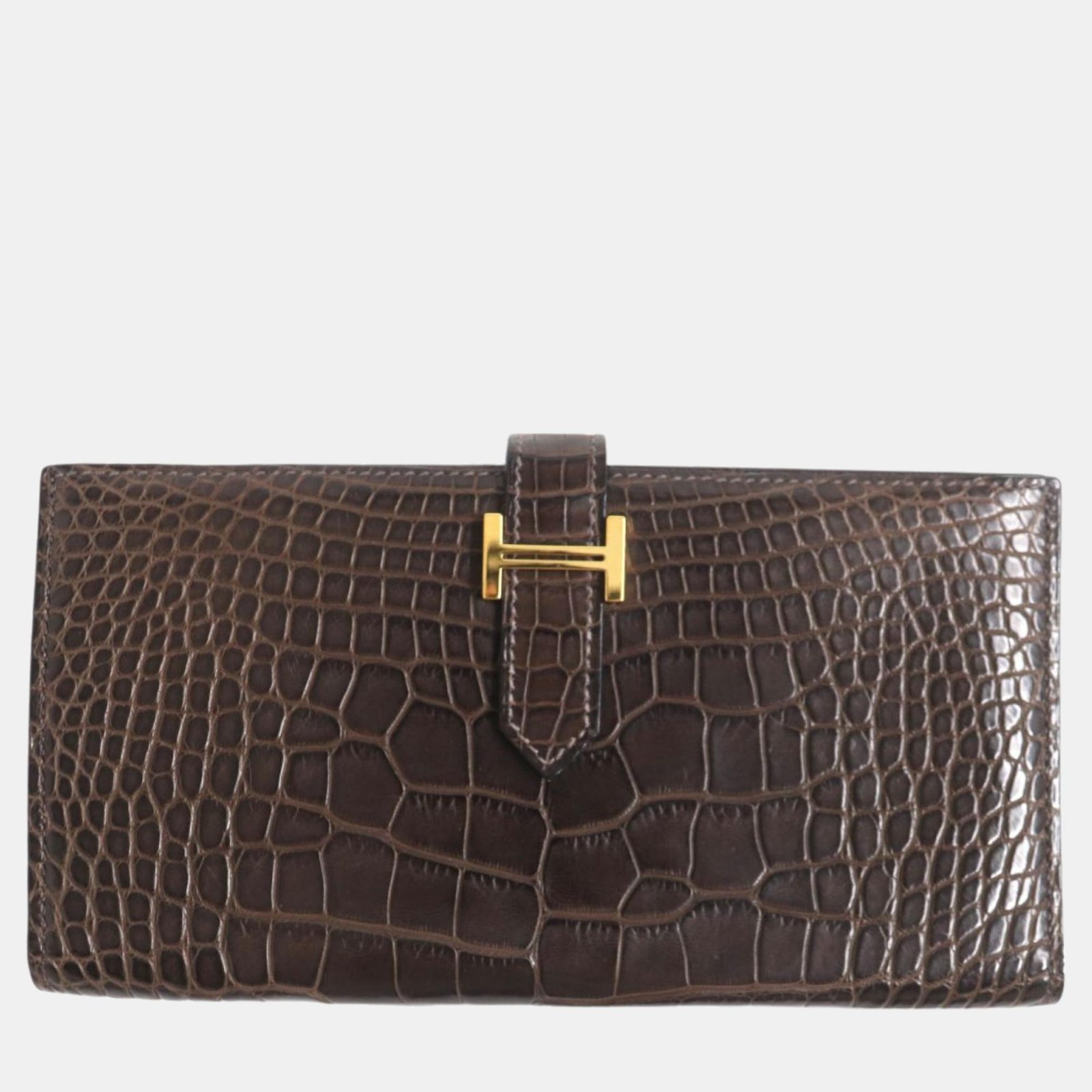 Hermes Bearn Alligator Leather Bi-fold Wallet Brown Leather