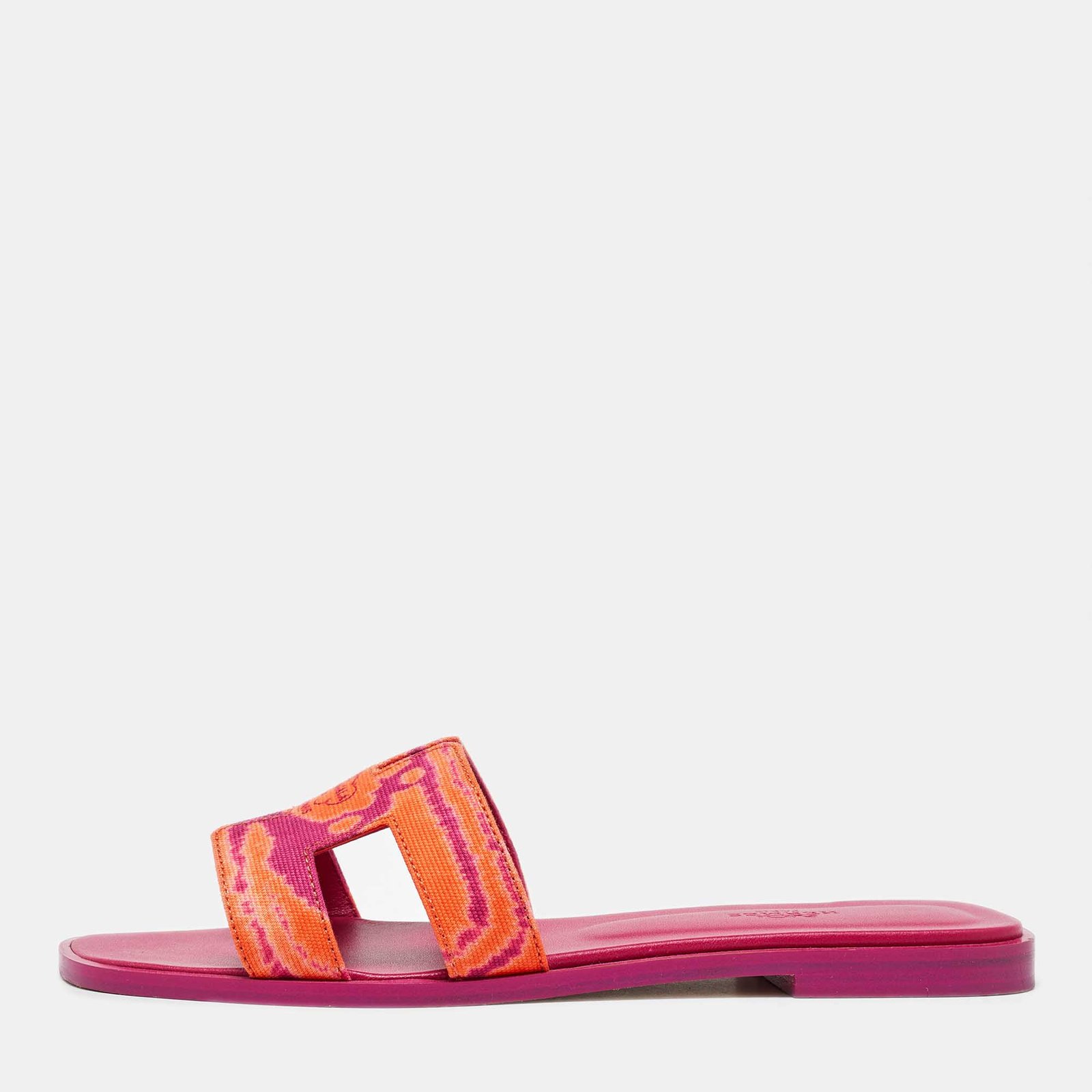 Hermes Orange/Rose Pink Canvas Oran Flat Sandals Size 38