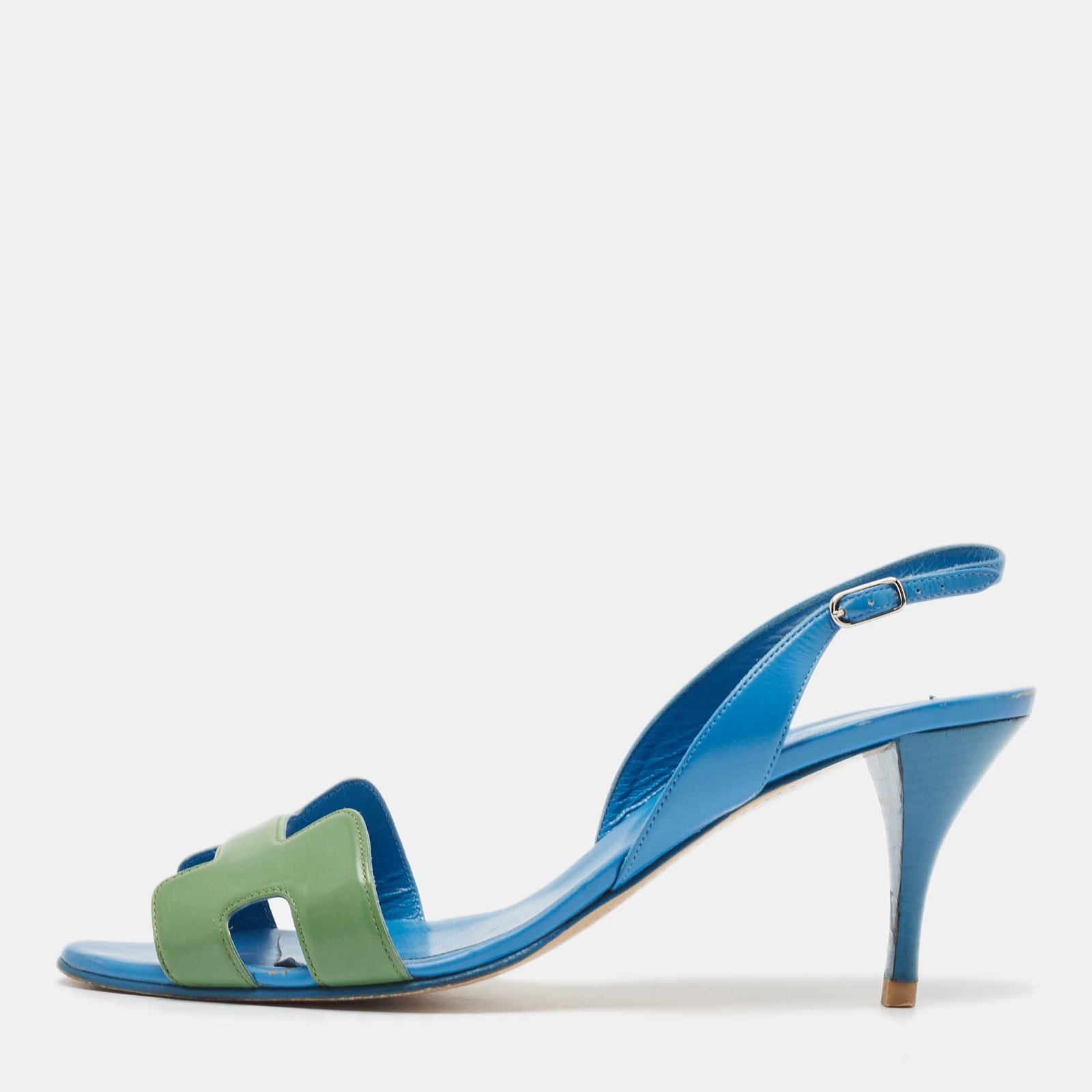 Hermes Blue/Green Leather Night Slingback Sandals Size 41