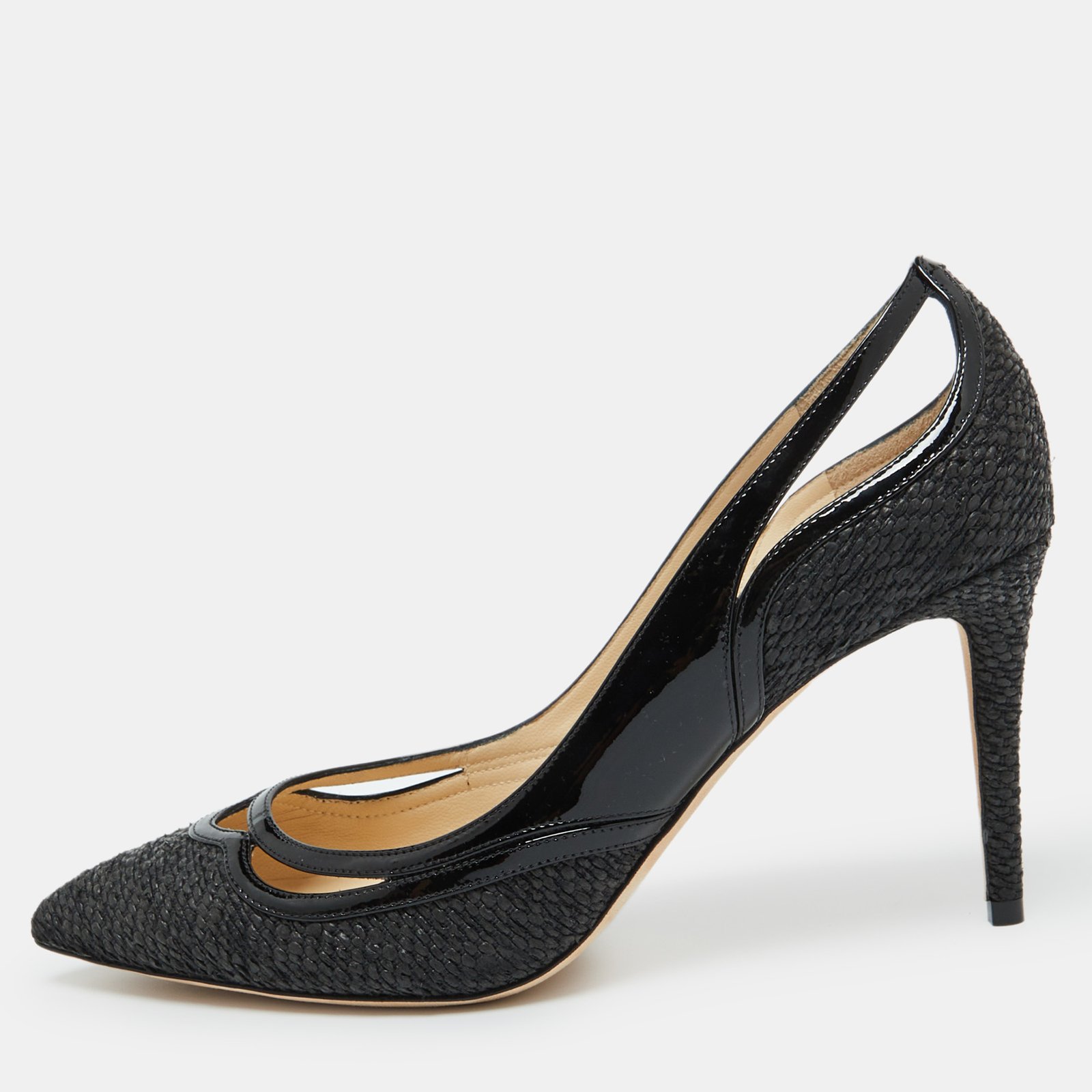 Jimmy Choo Black Woven Fabric and Patent Leather Hickory Pumps Size 40