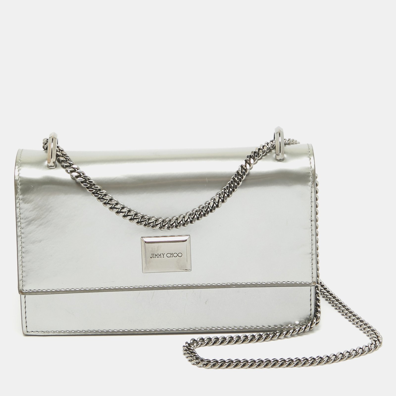 Jimmy Choo Silver Patent Leather Leni Chain Shoulder Bag