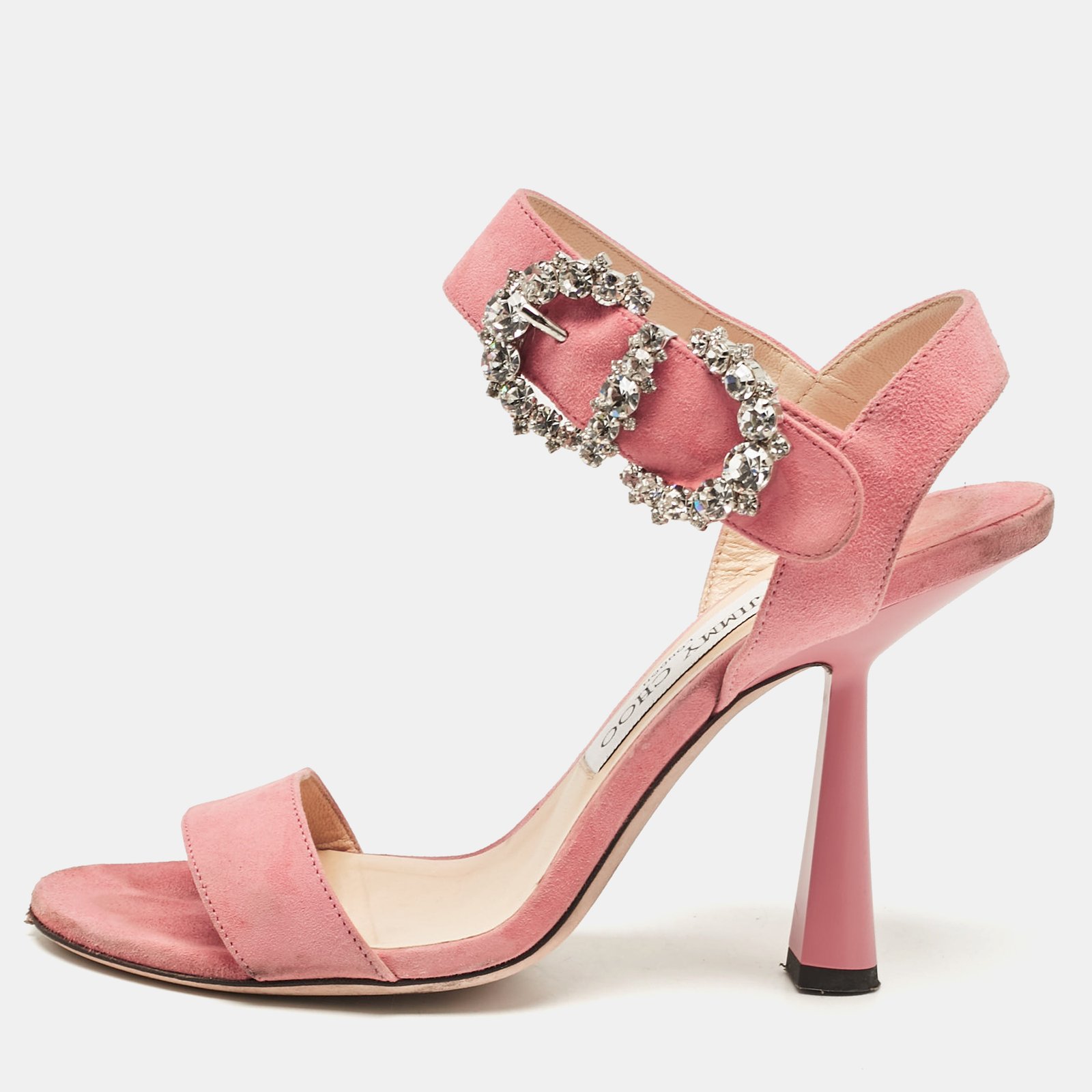 Jimmy Choo Pink Suede Crystal Embellished Ankle Strap Sandals Size 39