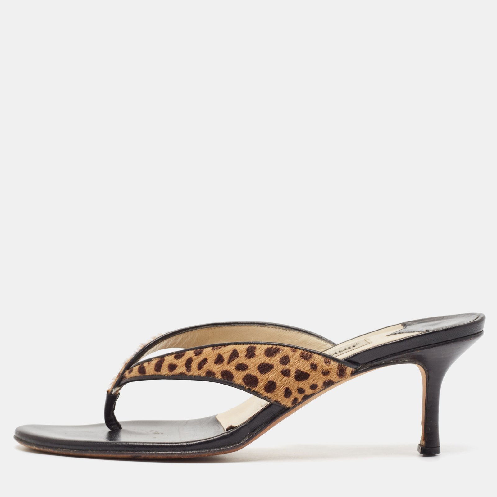 Jimmy Choo Brown Leopard Calf Hair and Leather Thong Sandals Size 37.5