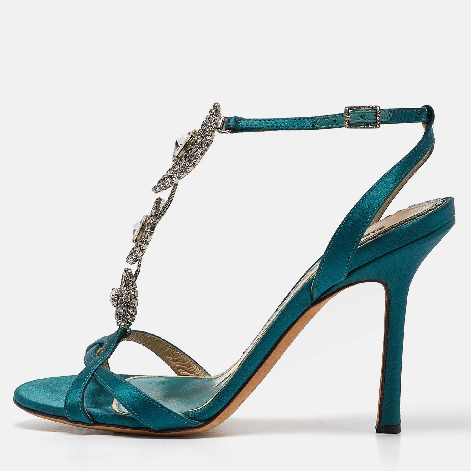 Jimmy Choo Green Satin Crystal Embellished Ankle Strap Sandals Size 37