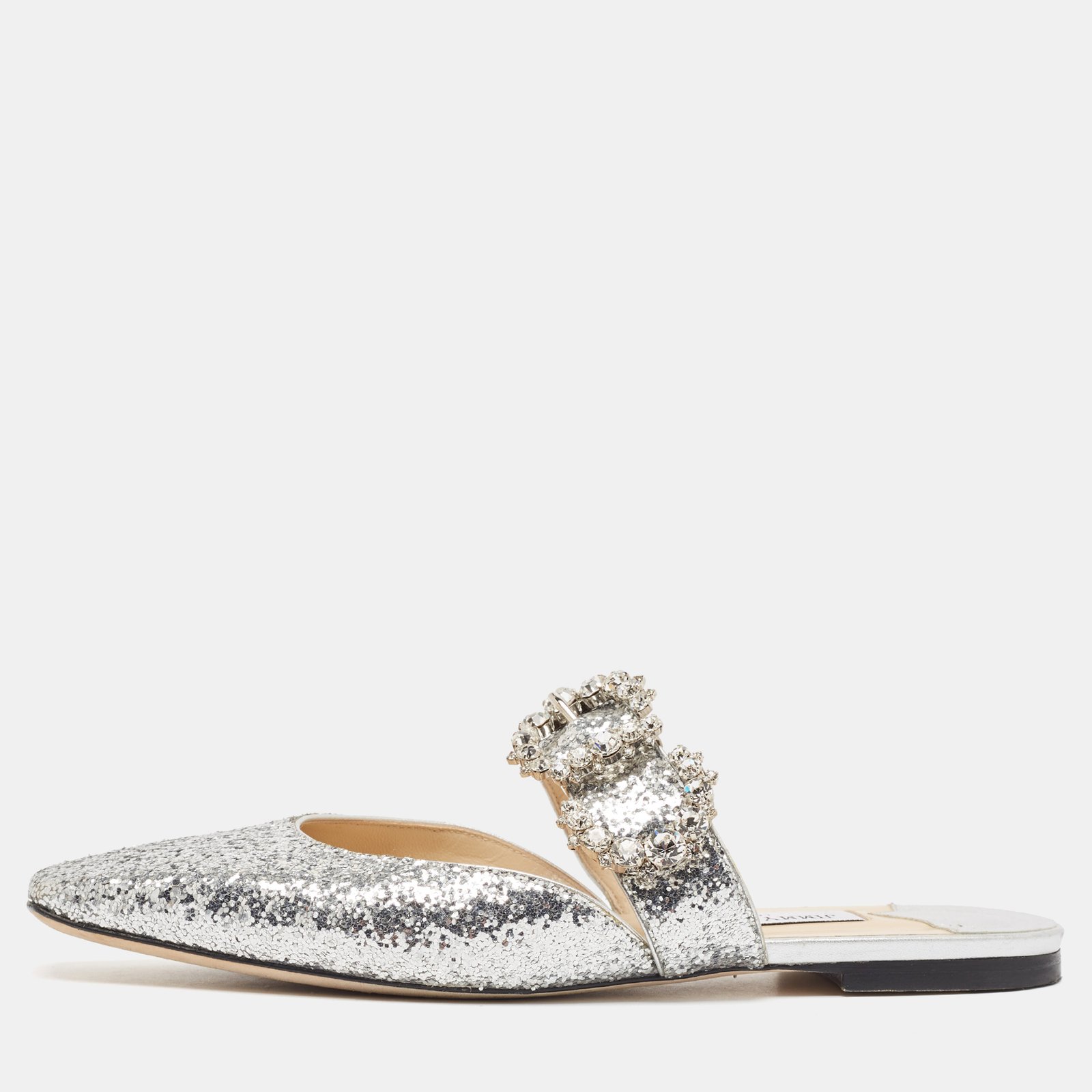Jimmy Choo Silver Glitter Crystal Embellished Flat Mules Size 40