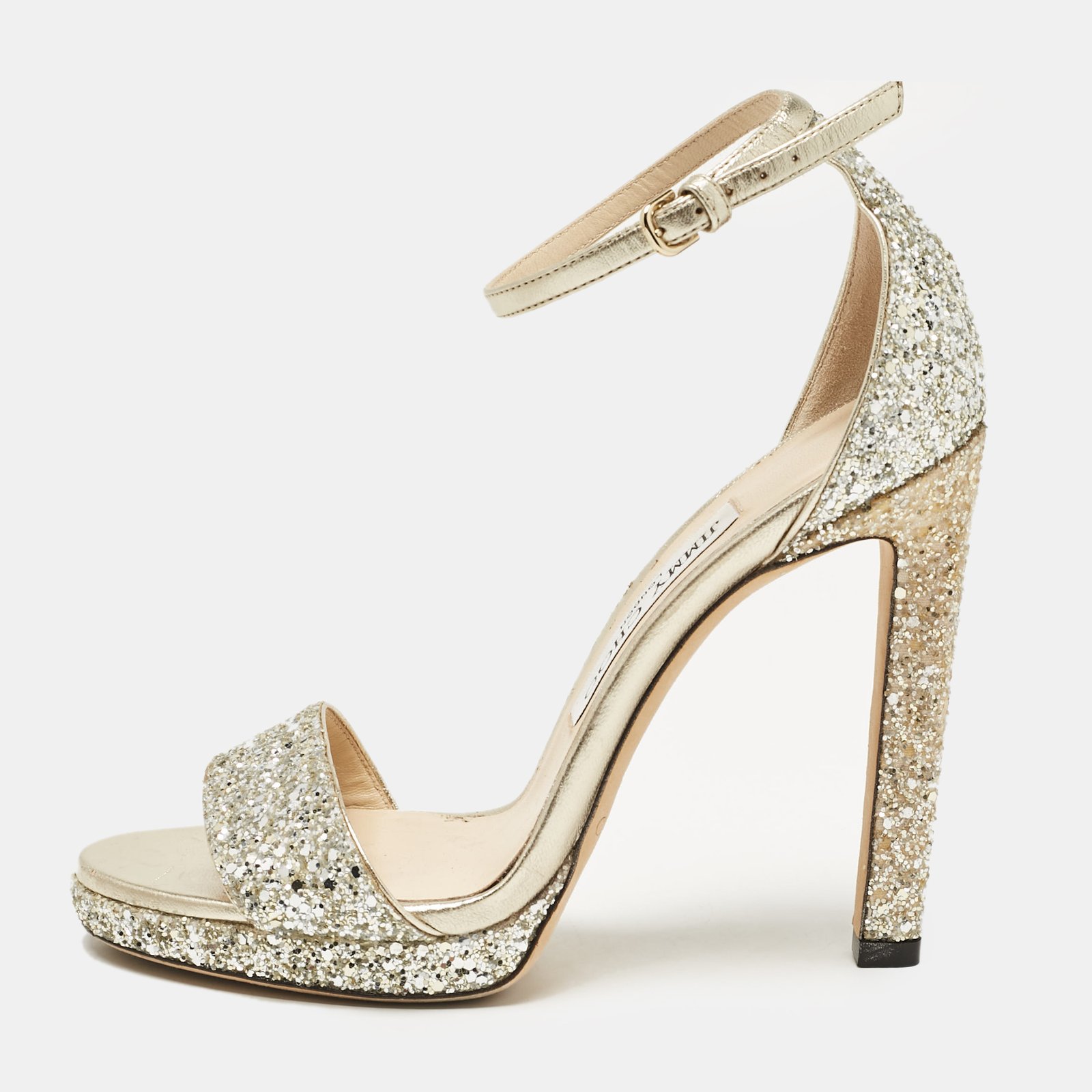 Jimmy Choo Gold/Silver Glitter and Leather Misty Ankle Strap Sandals Size 36