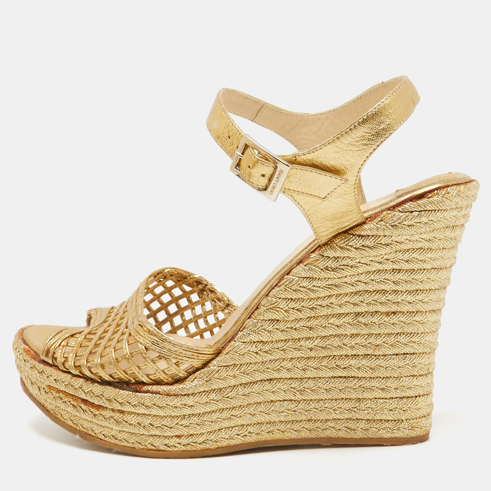 Jimmy Choo Gold Leather Platform Wedge Ankle Strap Sandals Size 39.5