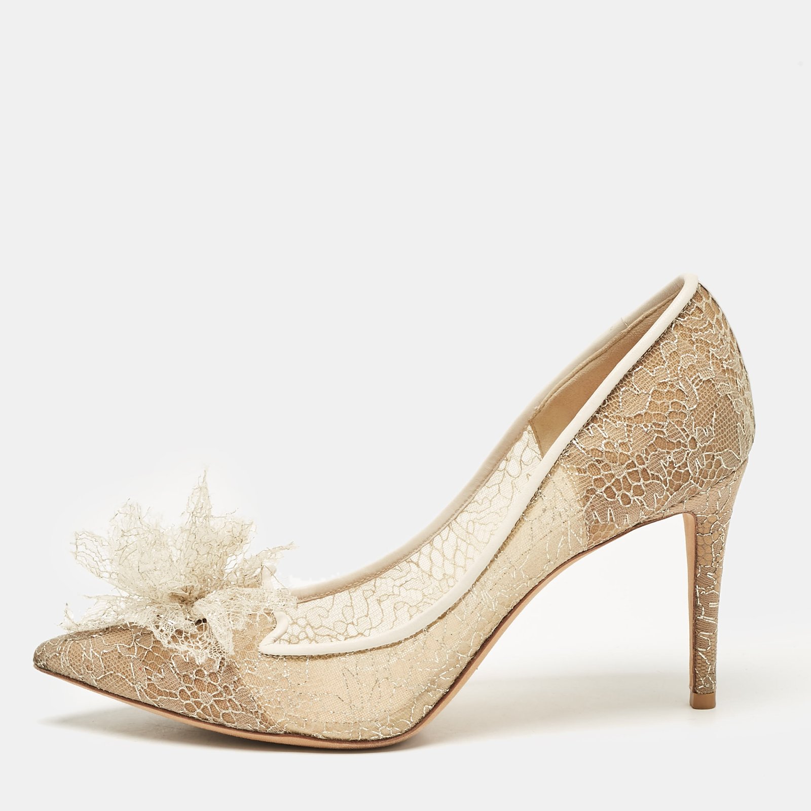 Jimmy Choo Beige Lace Floral Applique Pumps Size 38.5
