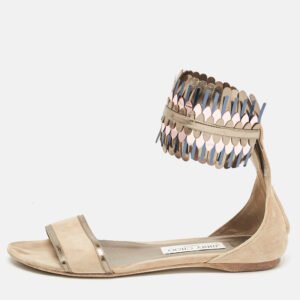 Jimmy Choo Beige Suede Kimro Fringe Ankle Cuff Flat Sandals Size 37
