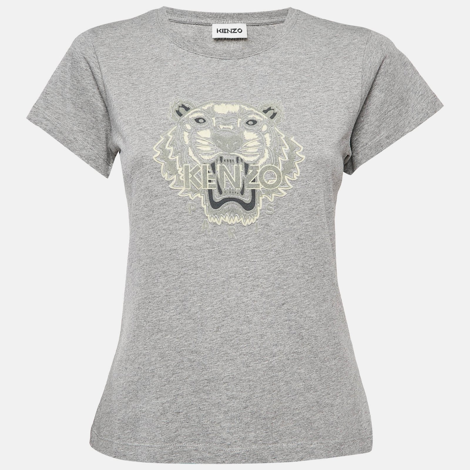 Kenzo Grey Tiger Logo Flocked Jersey T-Shirt S