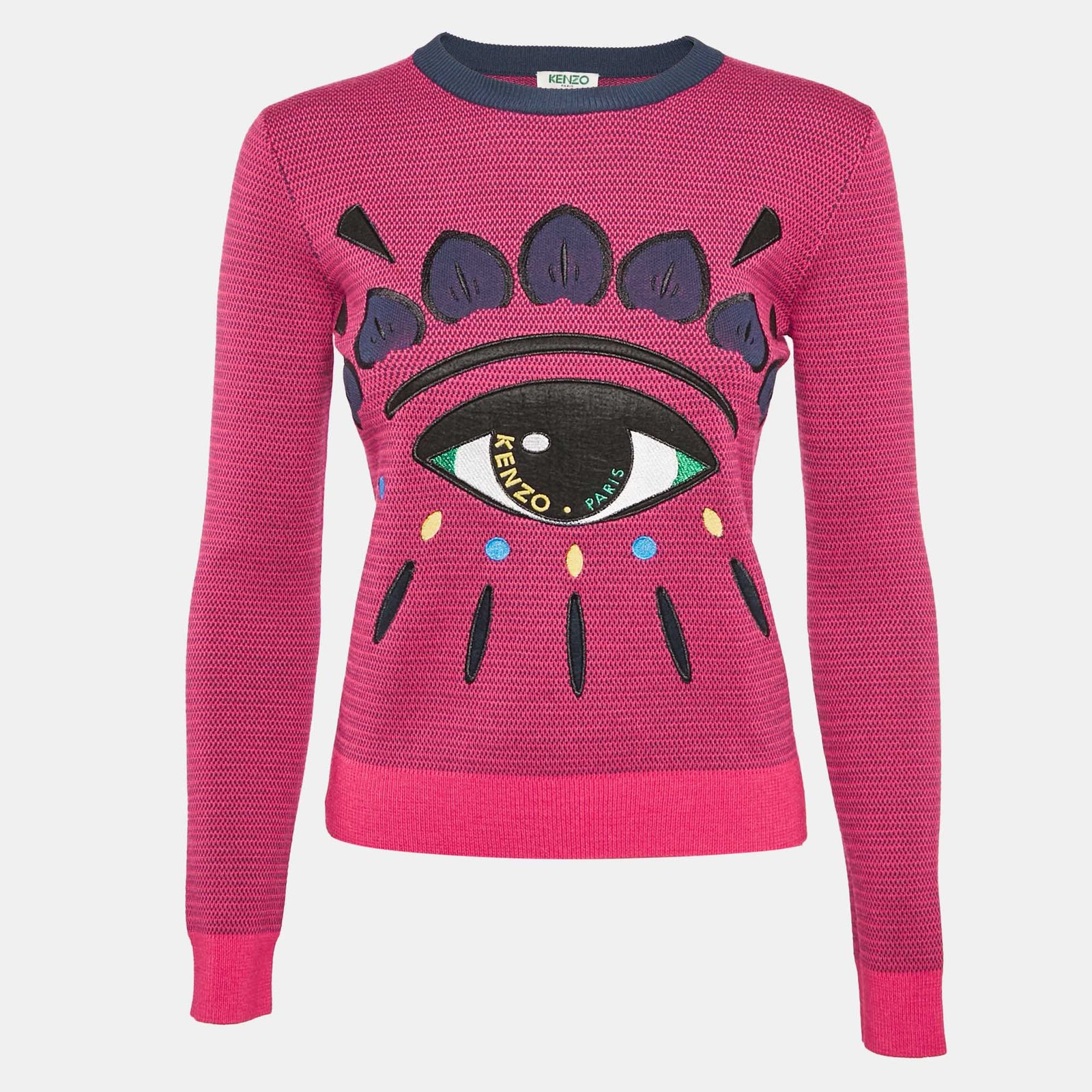 Kenzo Pink Logo Eye Embroidered Wool Knit Crew Neck Sweater XS