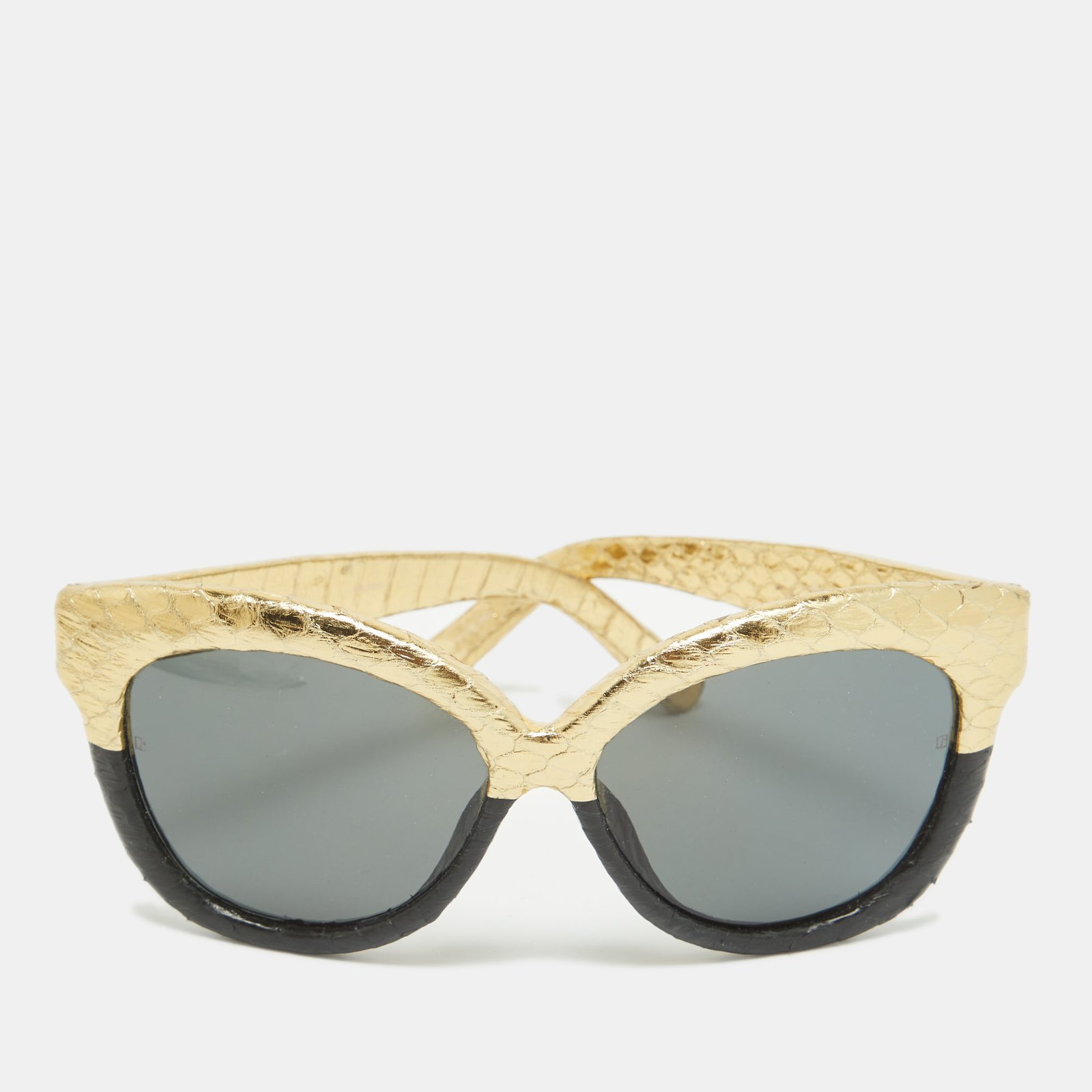 Linda Farrow Gold/Black Snakeskin Embossed Leather Cat Eye Sunglasses