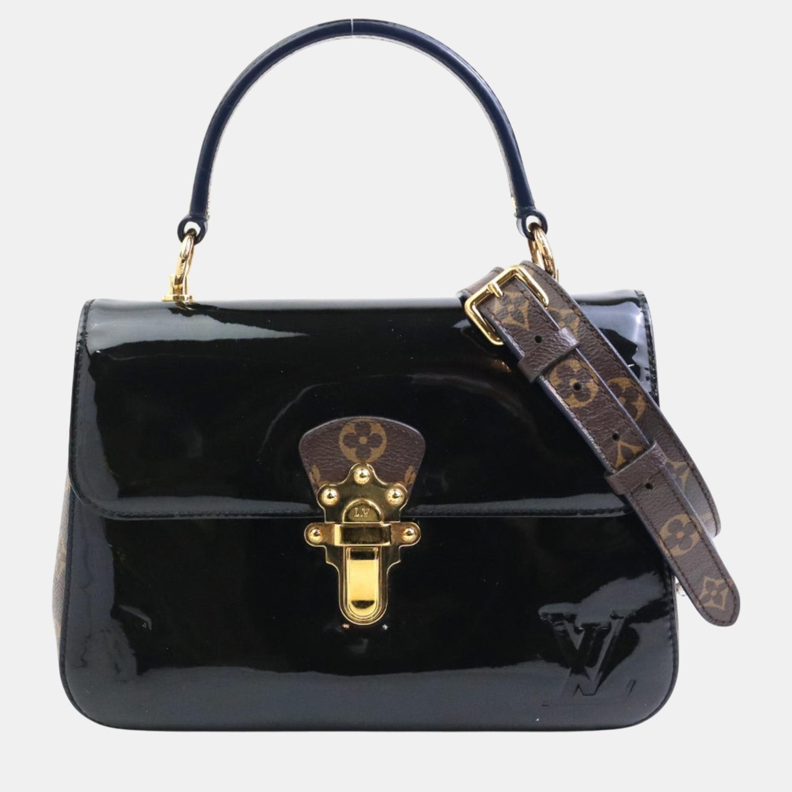 Louis Vuitton Black Brown Gold Patent Leather Canvas Monogram Cherrywood PM Handbag