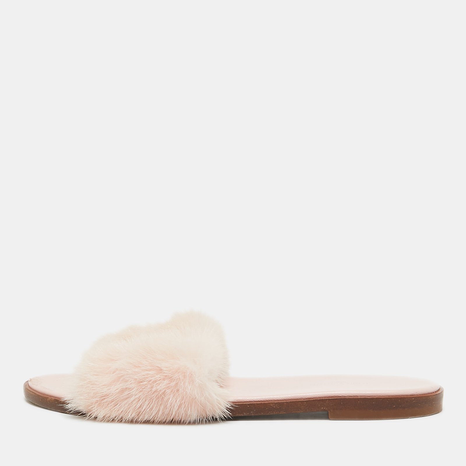 Louis Vuitton Pink Mink Fur Lock It Flat Slide Sandals Size 37