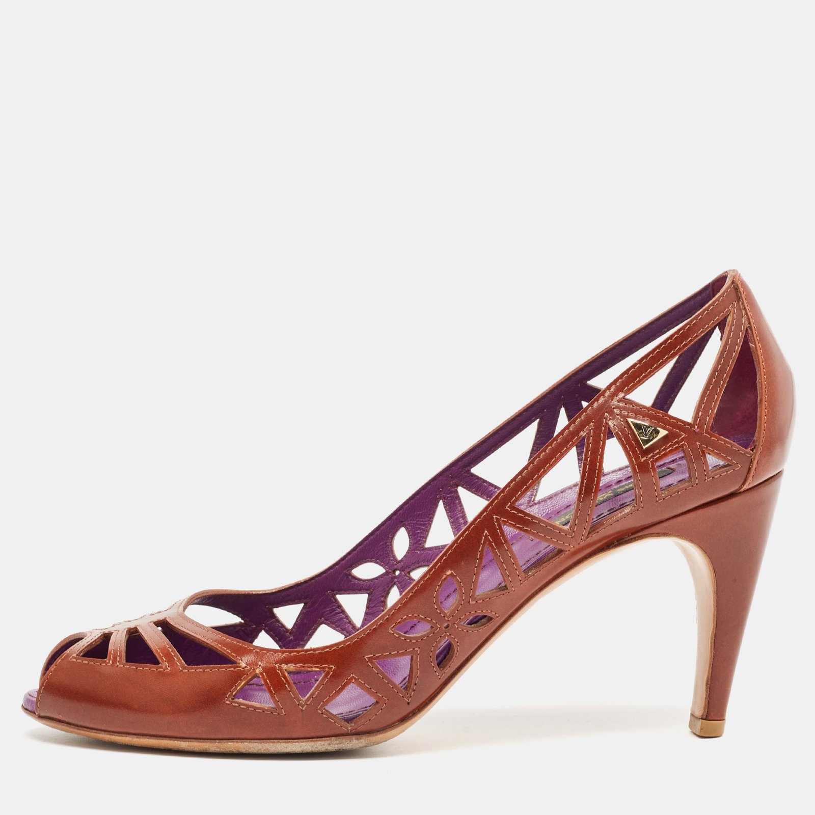 Louis Vuitton Brown Leather Cutout Peep Toe Pumps Size 38.5