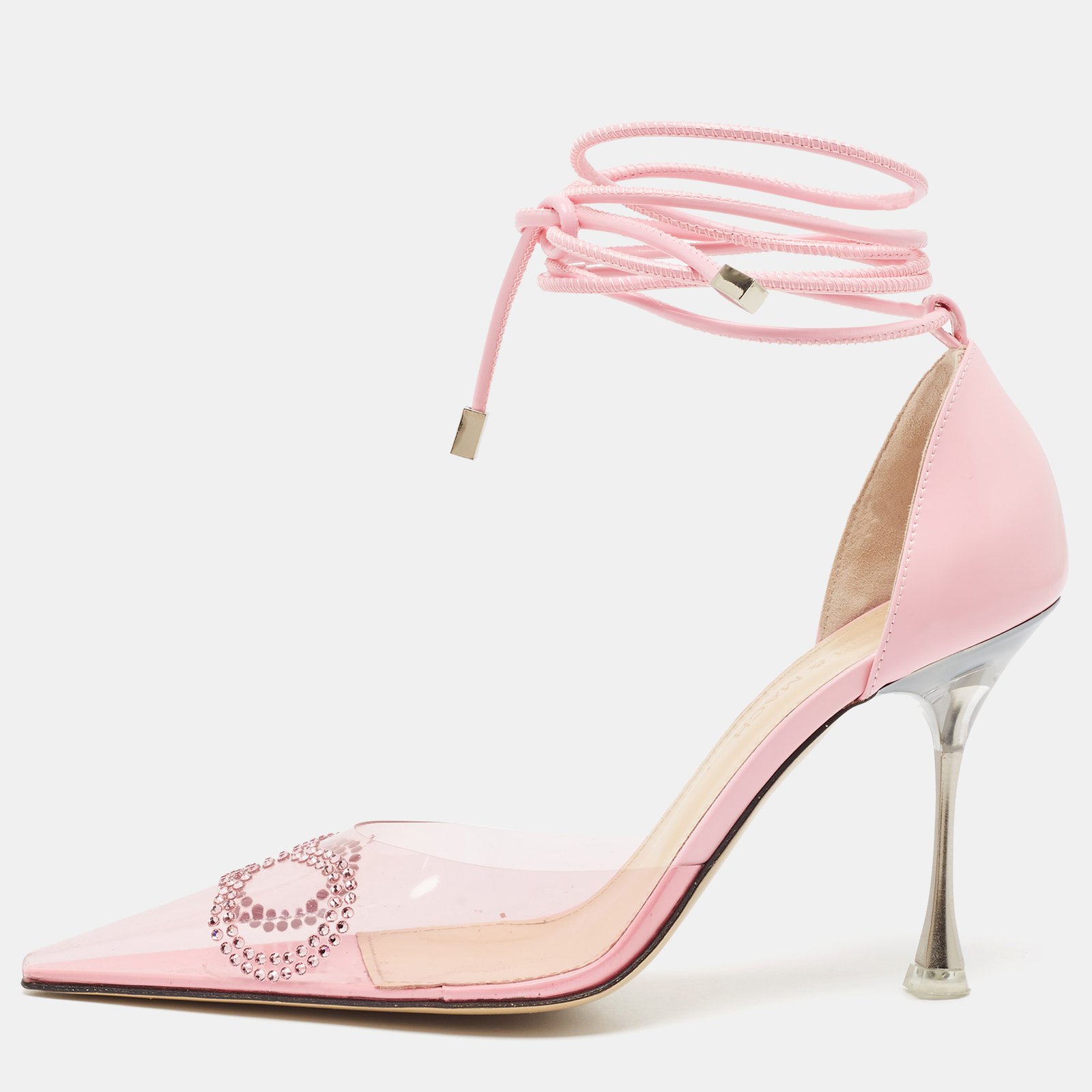 Mach & Mach Pink Leather and PVC Crystal Embellished Bow Ankle Wrap Sandals Size 37