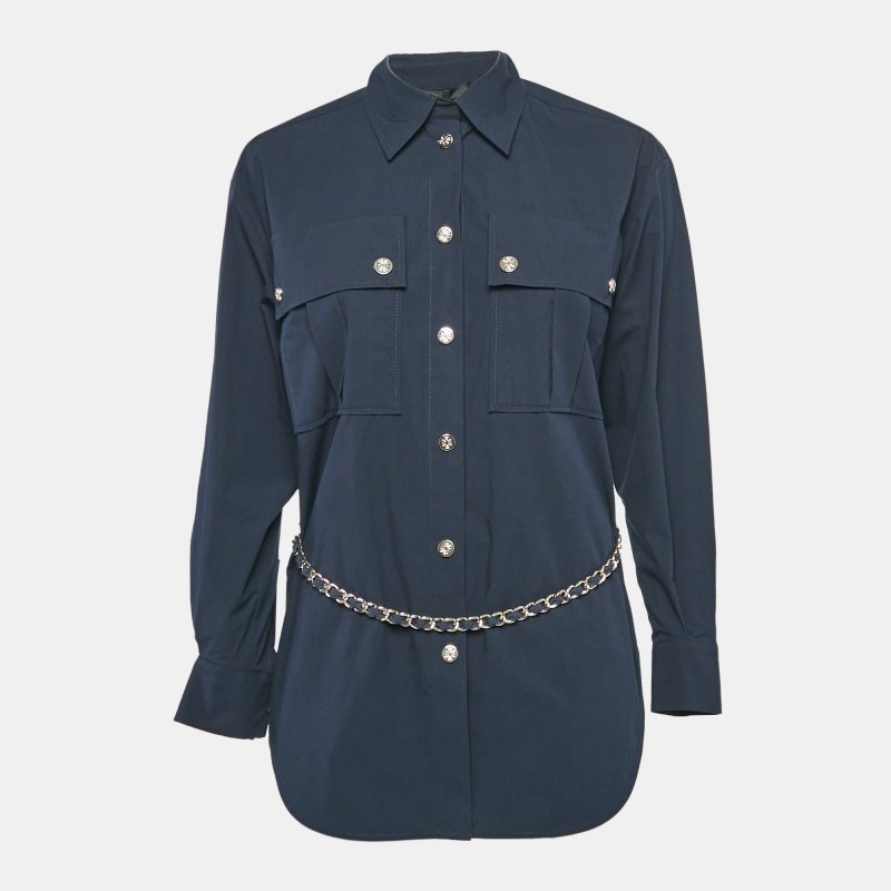 Maje Navy Blue Brass Belted Cotton Oversized Shirt XS