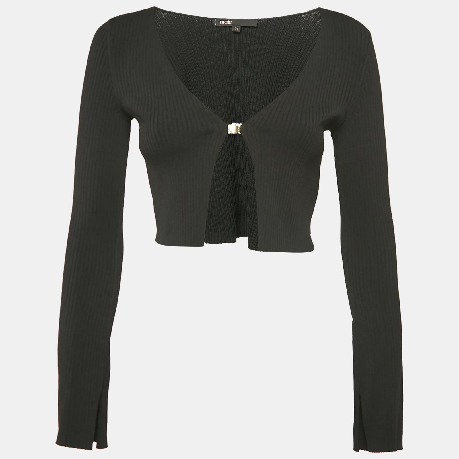 Maje Black Rib Knit Crop Cardigan XS