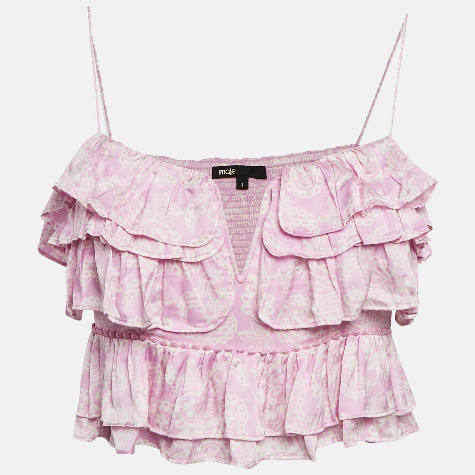 Maje Pink Paisley Print Satin Ruffled Crop Top S