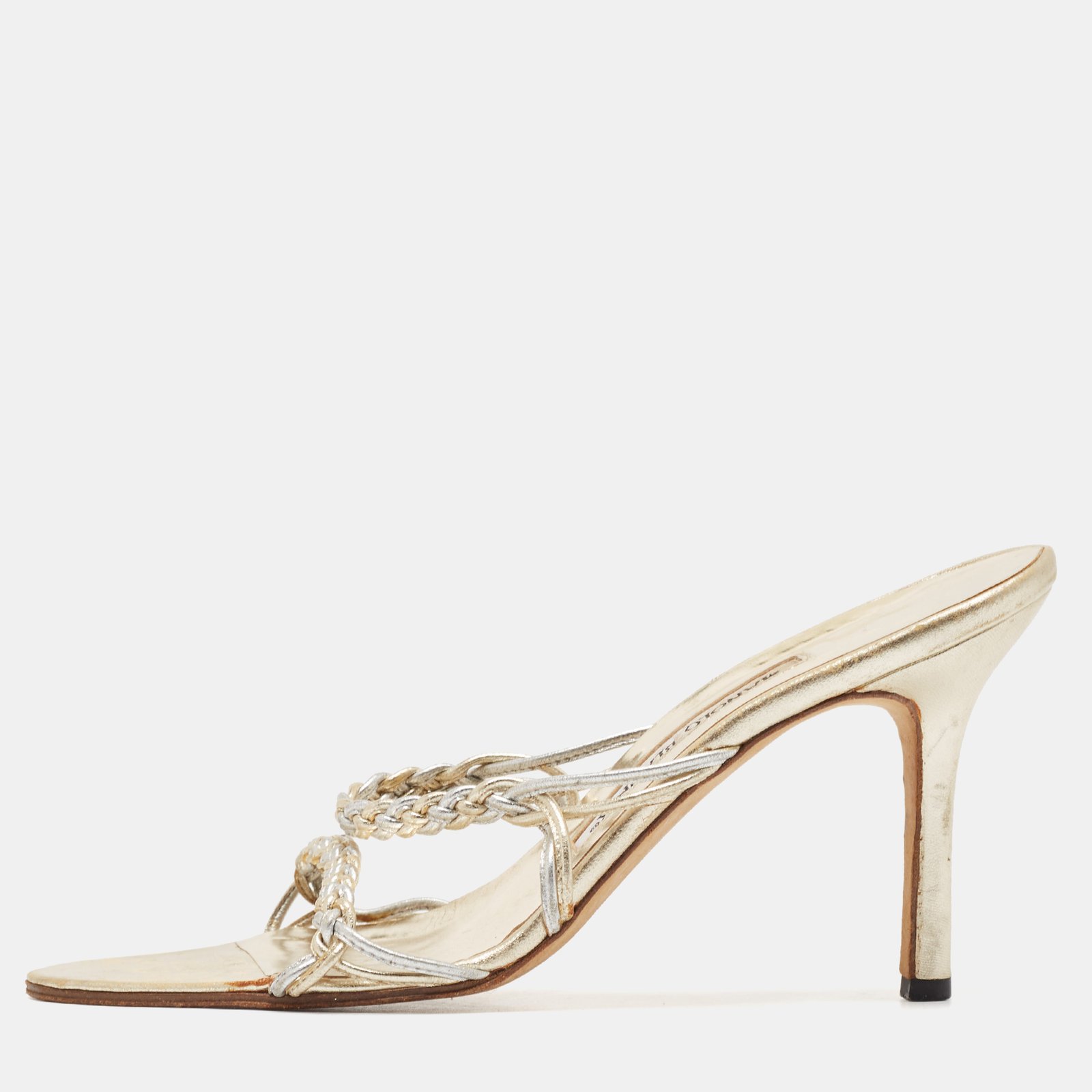 Manolo Blahnik Silver/Gold Leather Braided Slide Sandals Size 38
