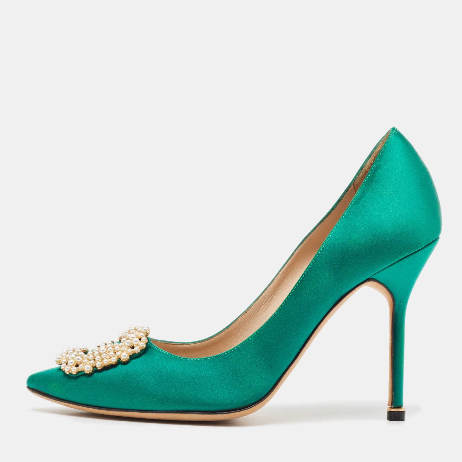 Manolo Blahnik Green Satin Hangisi Pumps Size 39.5