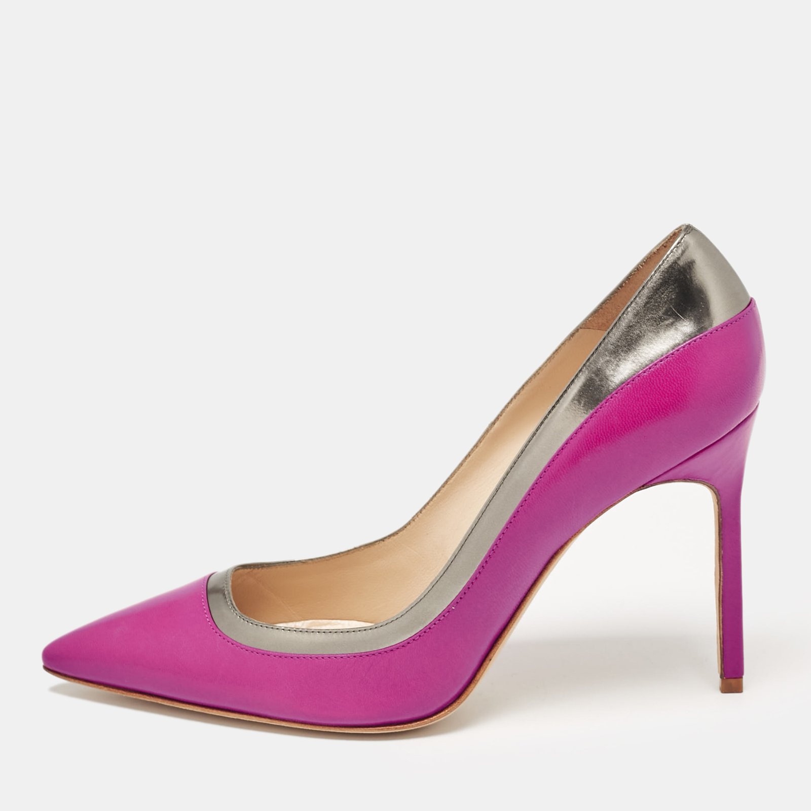 Manolo Blahnik Purple/Metallic Grey Leather Pointed Toe Pumps Size 38