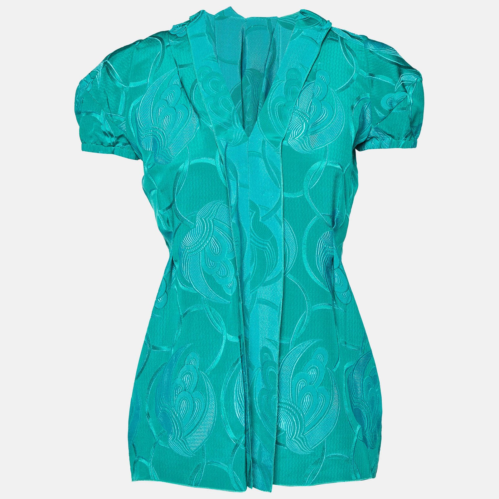 Marni Green Jacquard Silk Blend V-Neck Top S