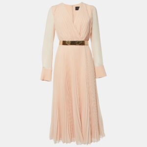 Max Mara Light Orange Pleated Georgette Belt Detail Sidra Midi Dress M