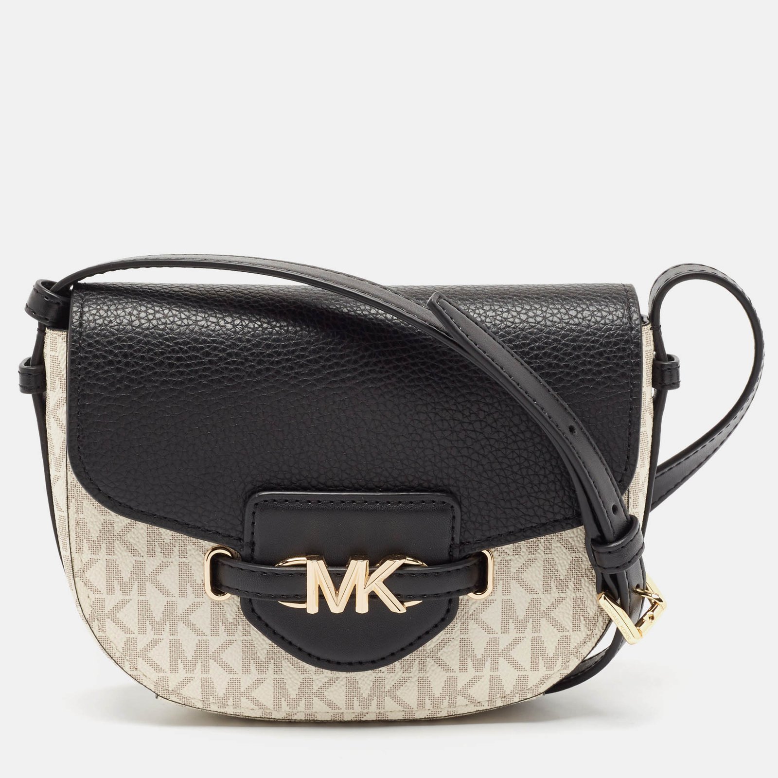 Michael Kors Black/White Signature Coated Canvas and Leather Reed Crossbody Bag