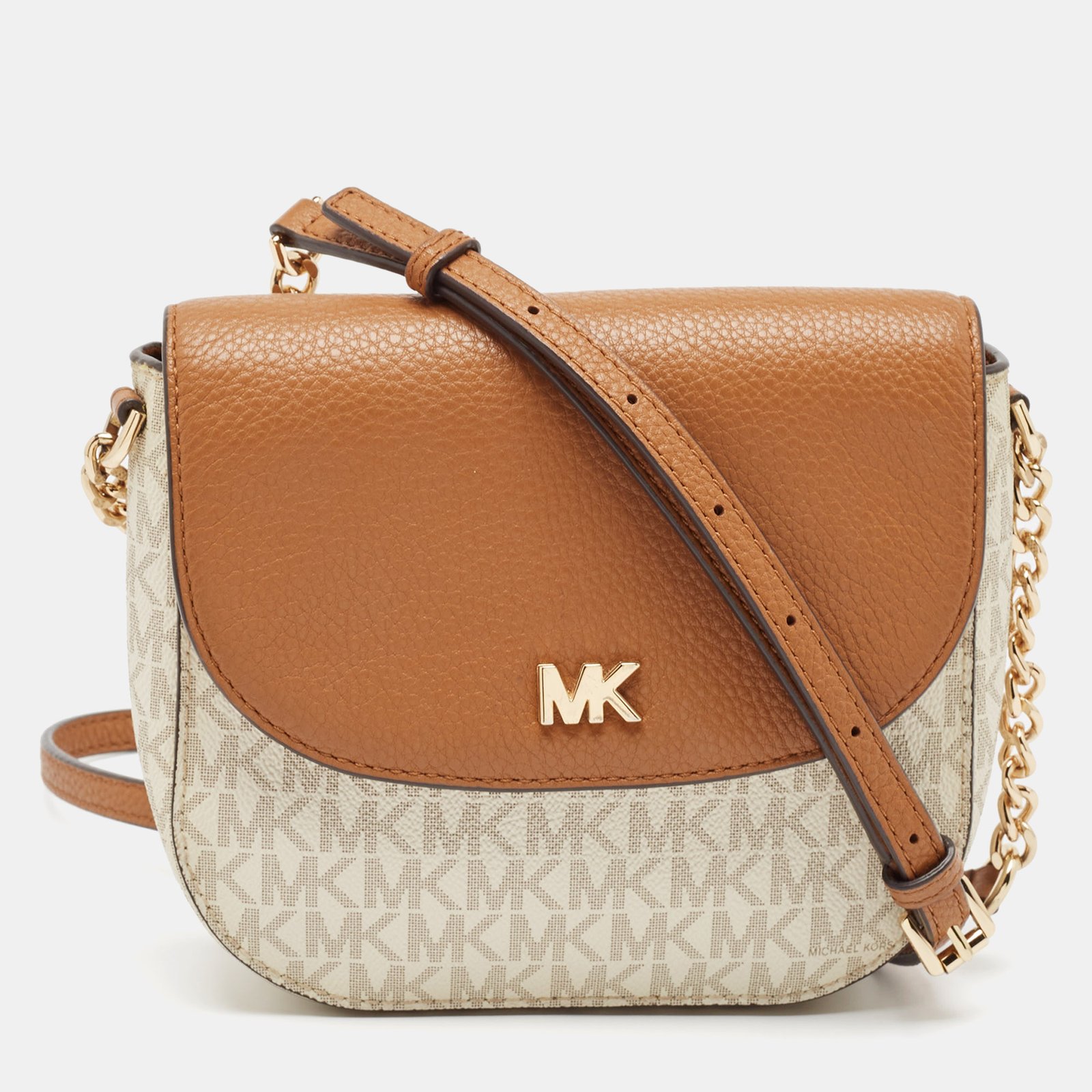 Michael Kors Beige/Tan Signature Coated Canvas and Leather Mott Crossbody Bag
