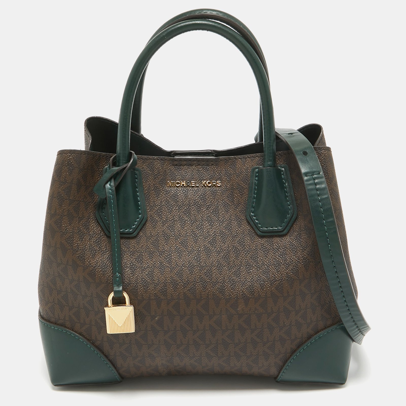 Michael Kors Green/Brown Signature Coated Canvas Small Mercer Gallery Tote
