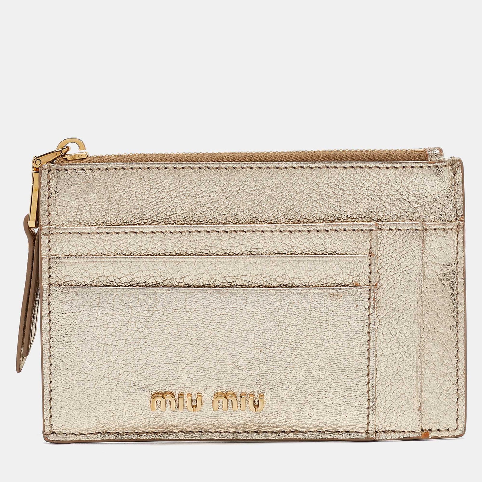 Miu Miu Metallic Gold Madras Leather Zip Card Holder