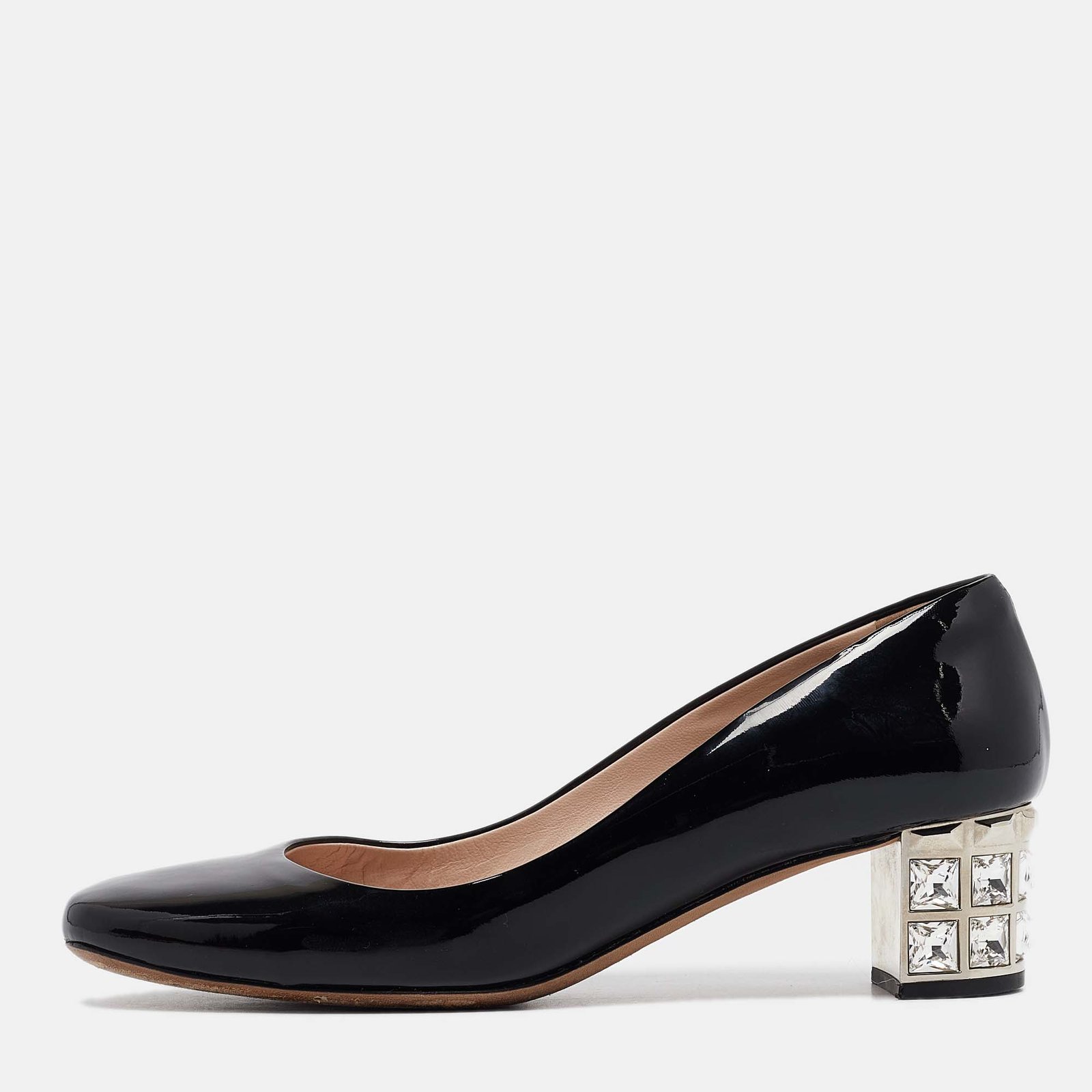 Miu Miu Black Patent Leather Crystal Embellished Block Heel Pumps Size 37
