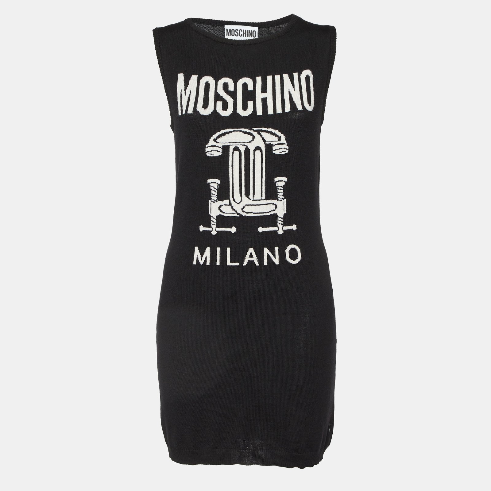 Moschino Couture Black Logo Intarsia Wool Knit Sweater Dress M