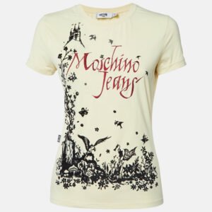 Moschino Jeans Yellow Logo Embroidery and Flock Print Jersey T-Shirt M