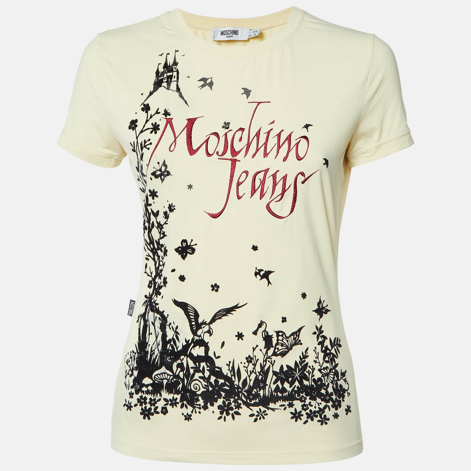 Moschino Jeans Yellow Logo Embroidery and Flock Print Jersey T-Shirt M