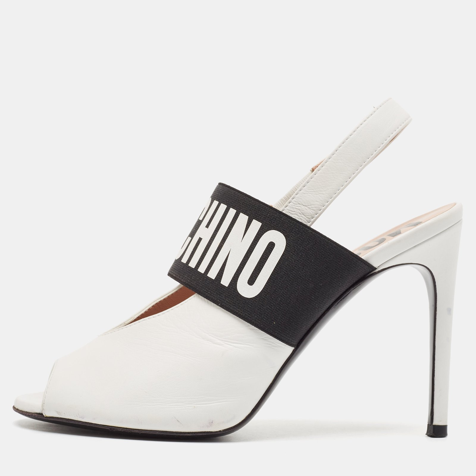 Moschino White/Black Leather and Elastic Logo Open Toe Slingback Pumps Size 37