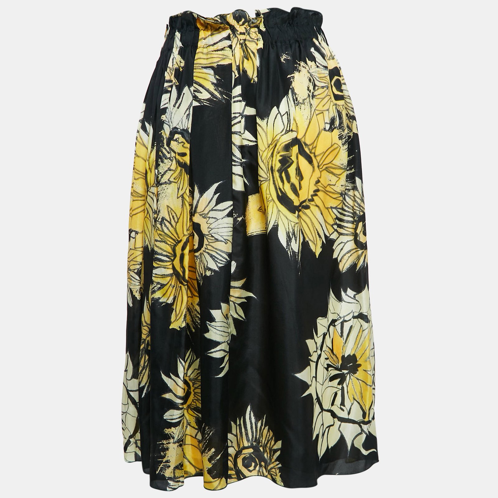 Nº21 Black Floral Print Silk Gathered Midi Skirt M